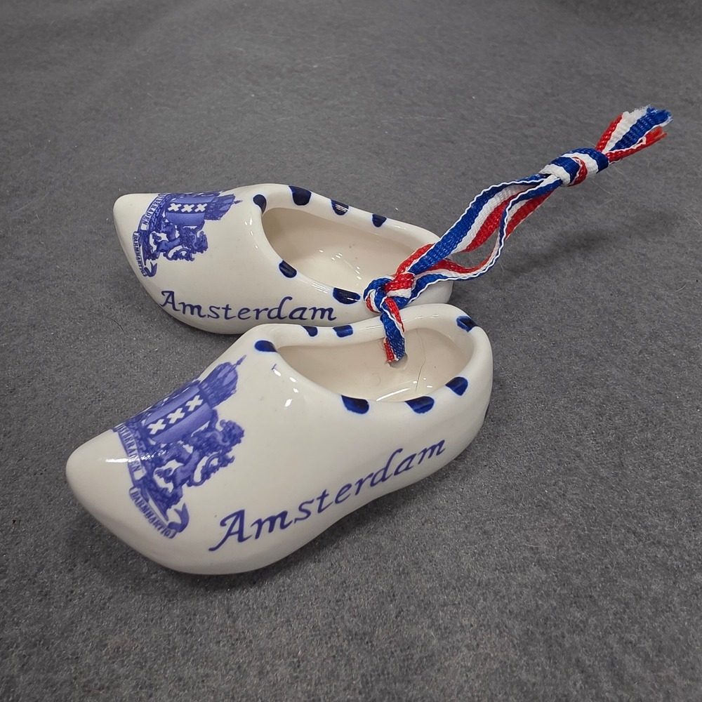 Amsterdam Holland Delft Blue Ceramic Miniature Clogs Souvenir Hanging Ornament